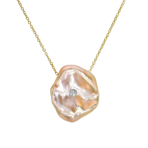 Unique Gold/Peach Keshi Pearl Necklace with Diamond Closeup