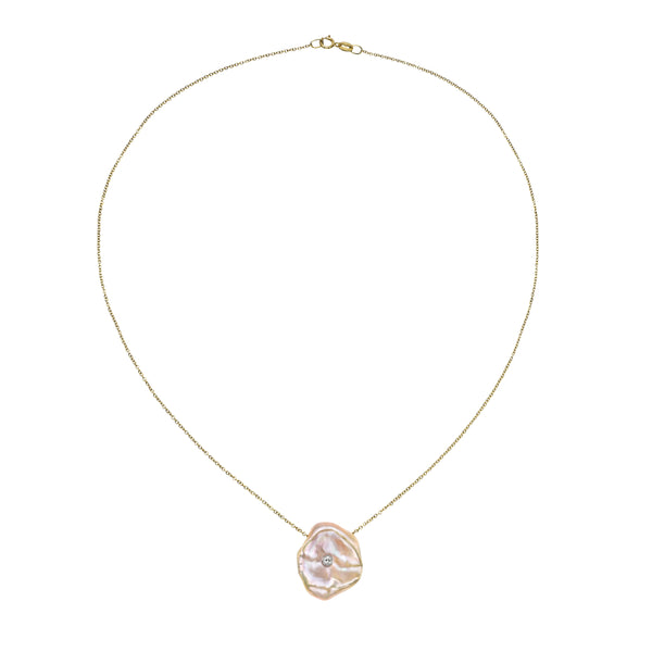 Unique Gold/Peach Keshi Pearl Necklace with Diamond