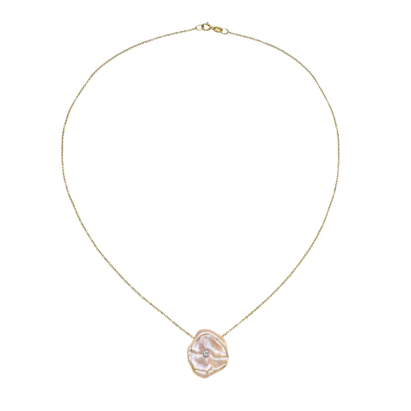 Unique Gold/Peach Keshi Pearl Necklace with Diamond