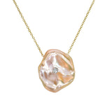 Unique Gold/Peach Keshi Pearl Necklace with Diamond Closeup