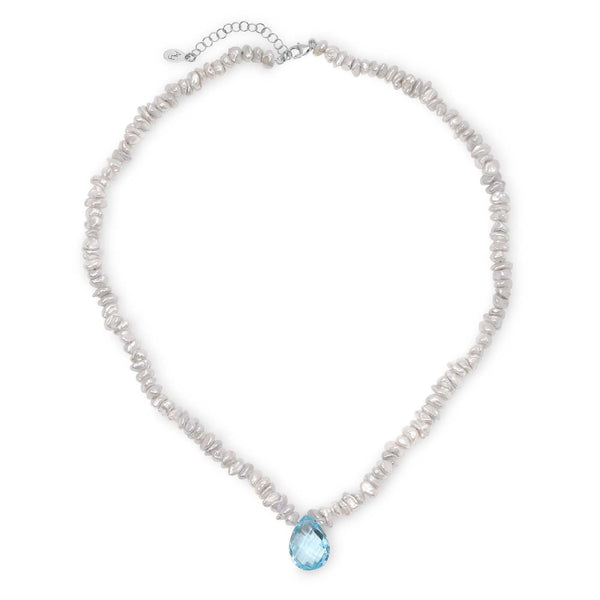 Stacked Freshwater Keshi Pearl Necklace with Blue Topaz Briolette