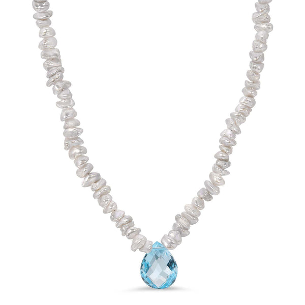 Stacked Freshwater Keshi Pearl Necklace with Blue Topaz Briolette