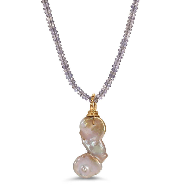 Gold Keshi Pearl Drop Iolite Necklace